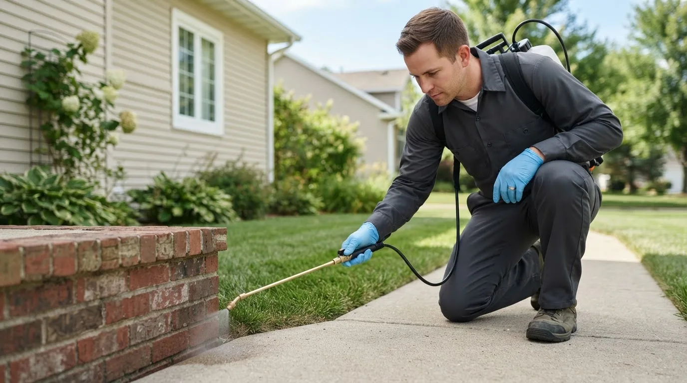 Pest control technician treating a home near Northville, MI